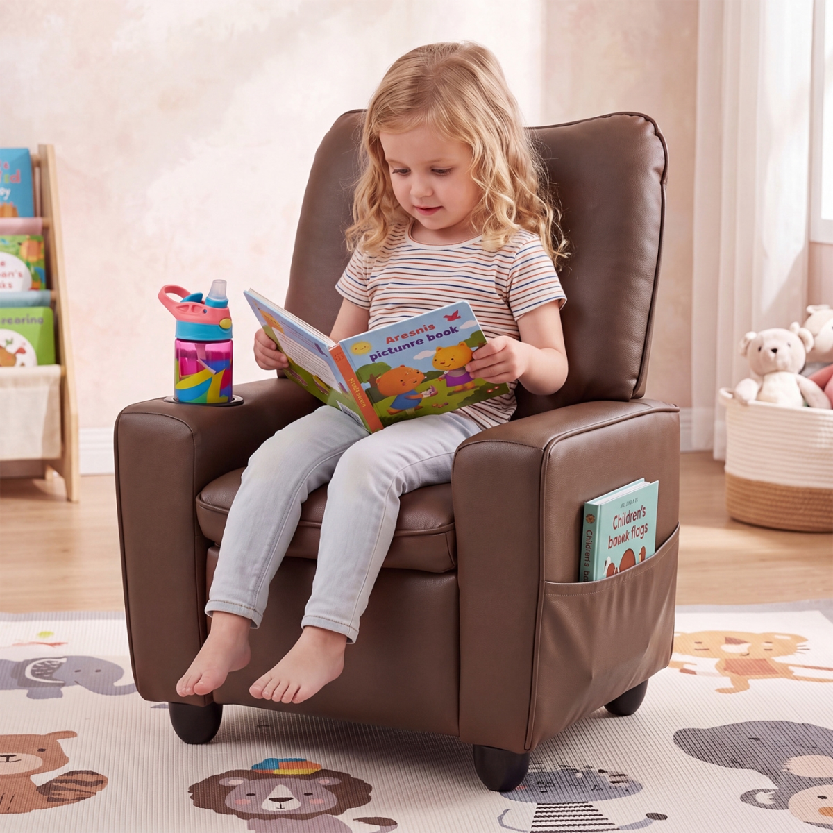 HY10548BN Kids Recliner with Cup Holder Armrests & Adjustable Backrest for Playroom - Brown
