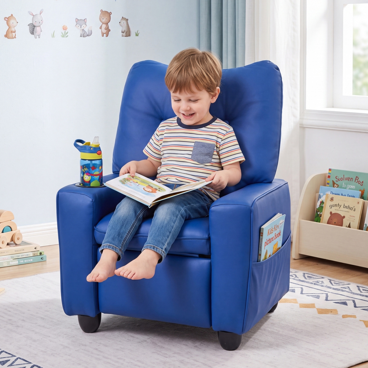 HY10548LS Kids Recliner with Cup Holder Armrests & Adjustable Backrest for Playroom - Blue