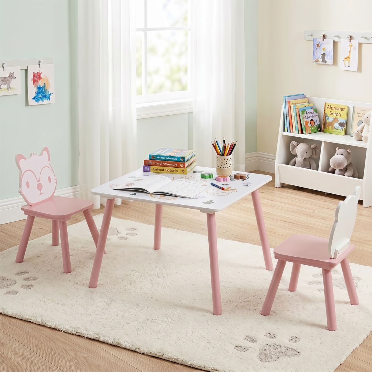 HY10605 Kids Table & Chairs Set with Animal Patterns for Kids - 3 Piece