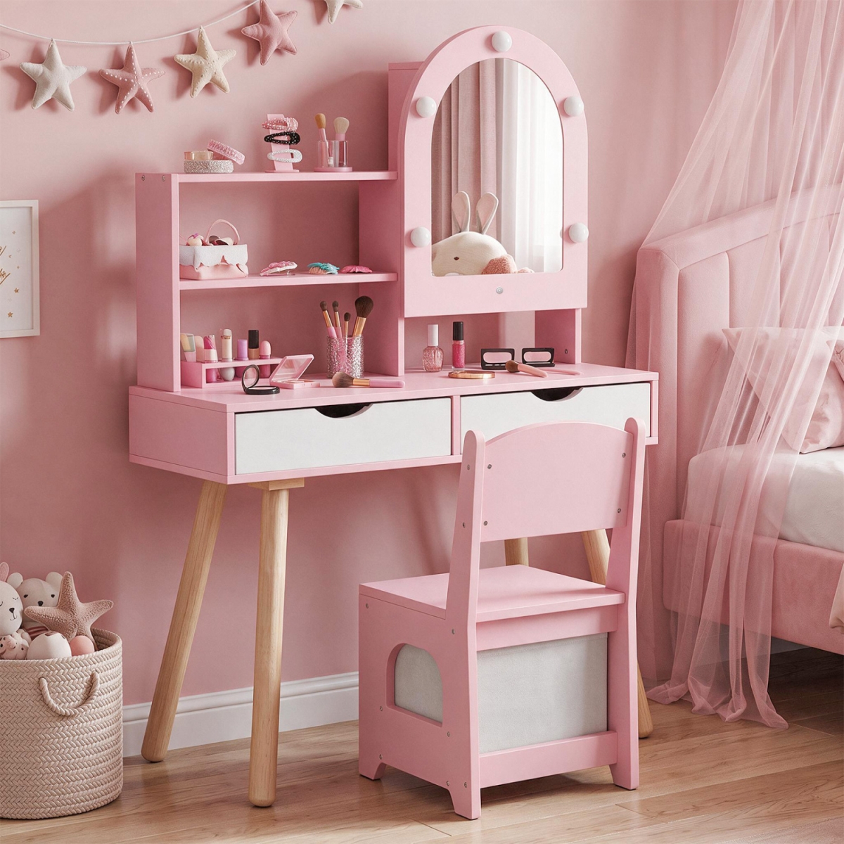 HY10663PI Kids Vanity Set Pretend Play Dressing Table Set with 3-Color Lighting Modes & Mirror Cabinet - Pink