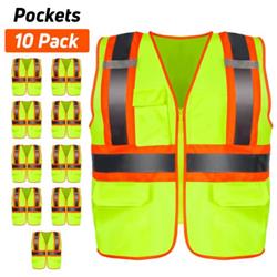 GM10010 High Visibility Reflective Safety Vest with Pockets & 2 in. Reflective Strips - Pack of 10