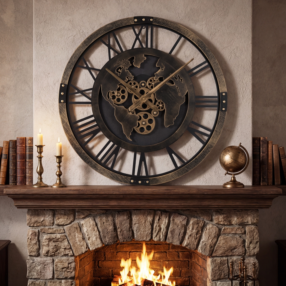 HZ10366BN Large 27 in. Gear Wall Clock with World Map - Brown