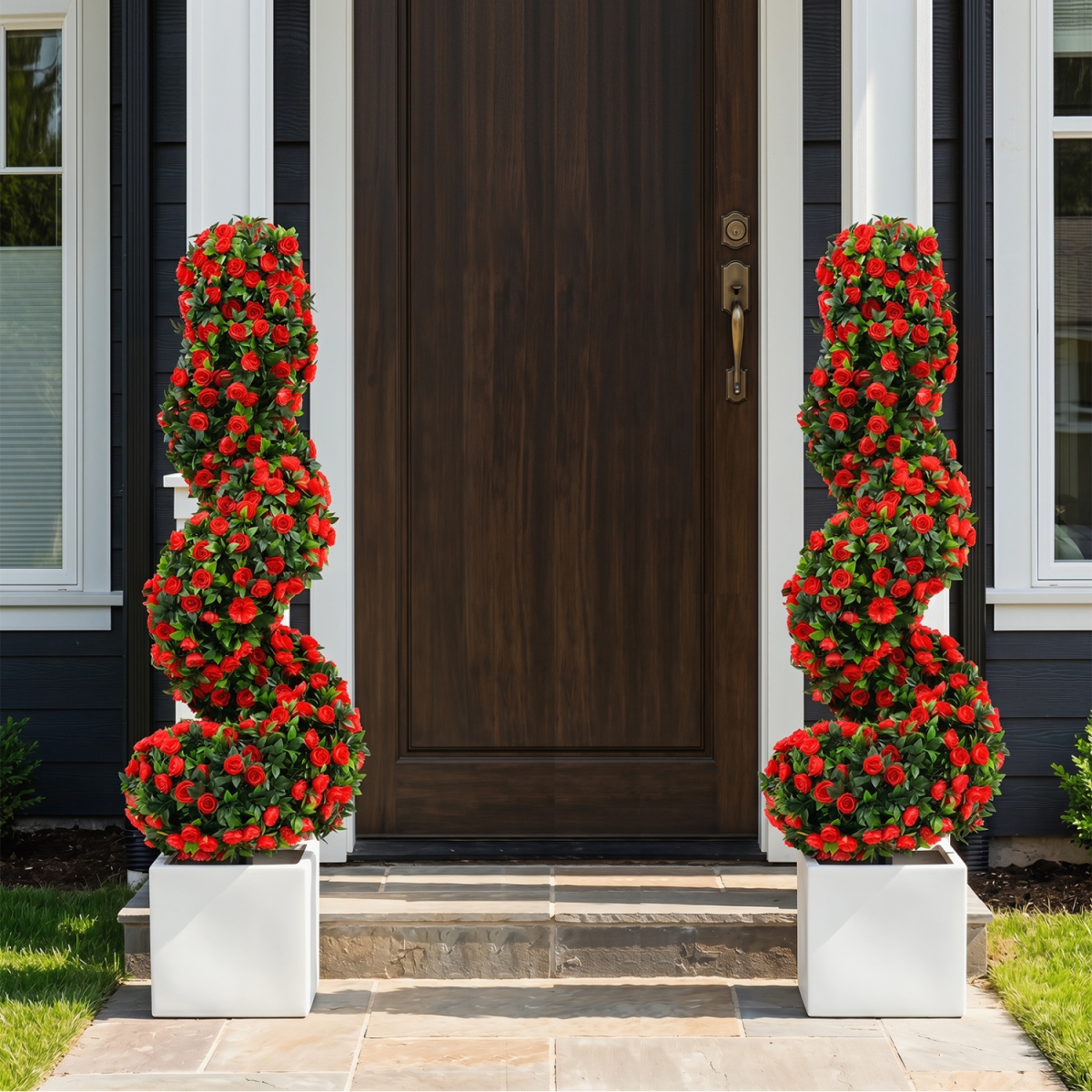 HZ10589RE-2 Artificial Spiral Topiary Trees with Sun Protection & Ground Spikes - Red - Set of 2