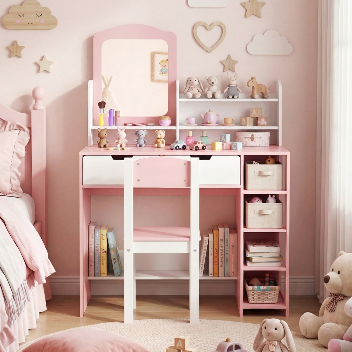 HY10397WH Kids Vanity Set with Chair & Mirror Makeup Dressing Desk with Storage Shelves & Drawers - White & Pink