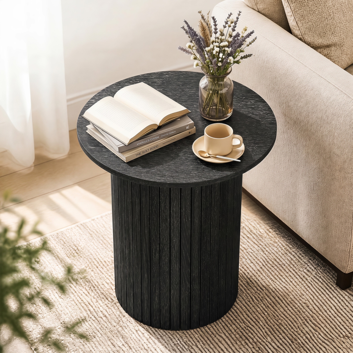 JV14474DK 18 in. Round Fluted Side Table with Pedestal Drum Design & Non-Slip Foot Pads for Small Spaces - Black