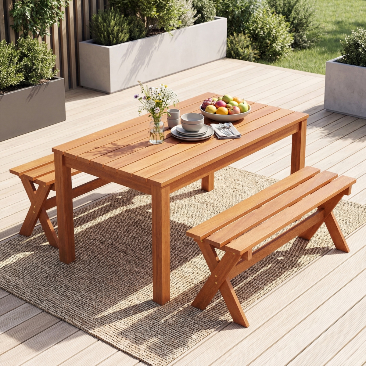 JV14491-2 36 in. Outdoor Solid Wood Bench Backless Patio Dining Bench with Teak Oil Finish - Teak - Set of 2