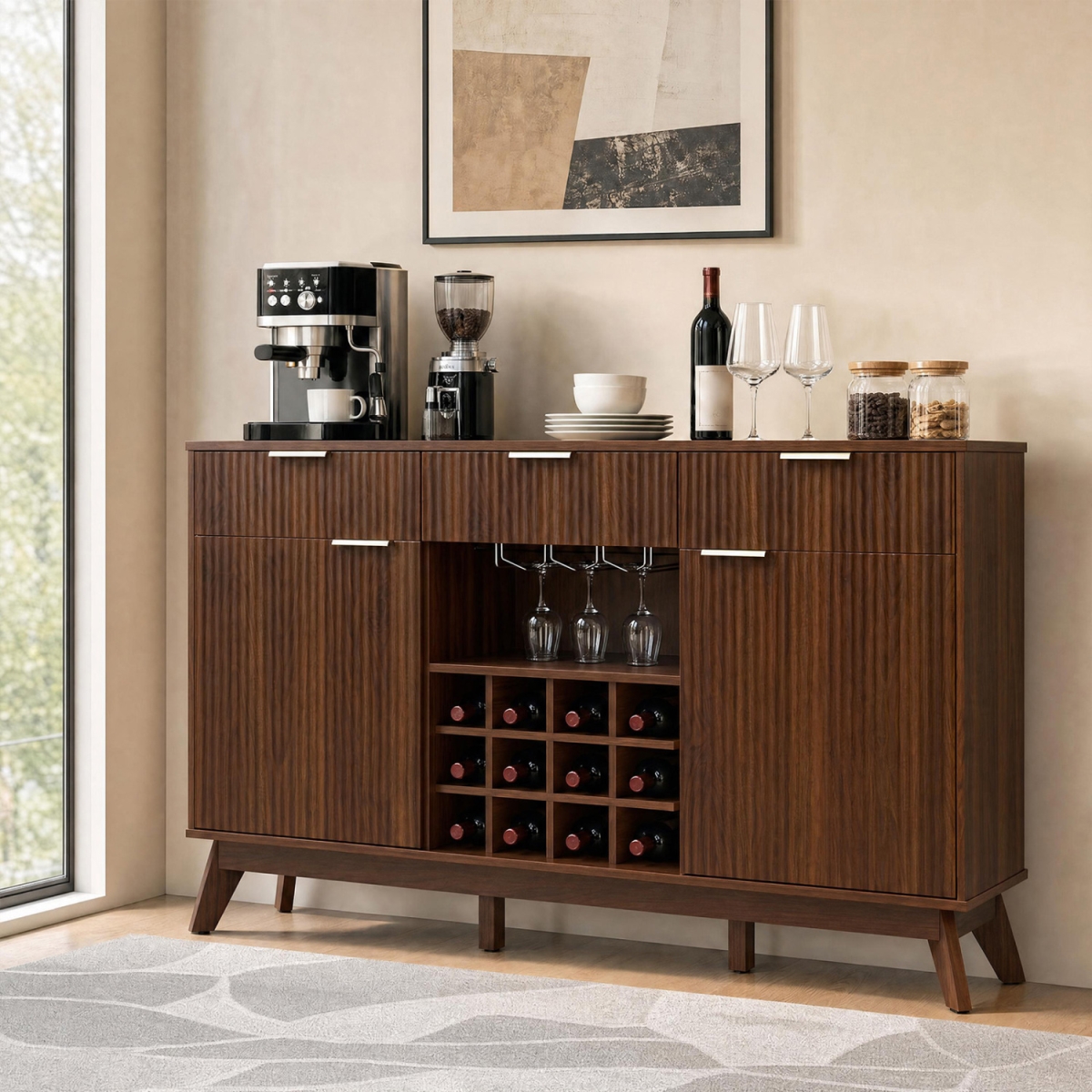 JV14528BN- Wine Bar Cabinet with Adjustable Shelves & 2 Doors 3 Glass Holders for Kitchen - Brown