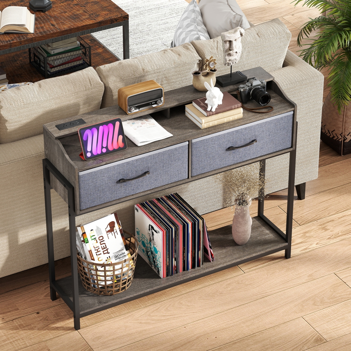 JV14551US-OA Console Table with Charging Station 110 cm Narrow Entryway Table with 2 Drawers & Shelves - Gray