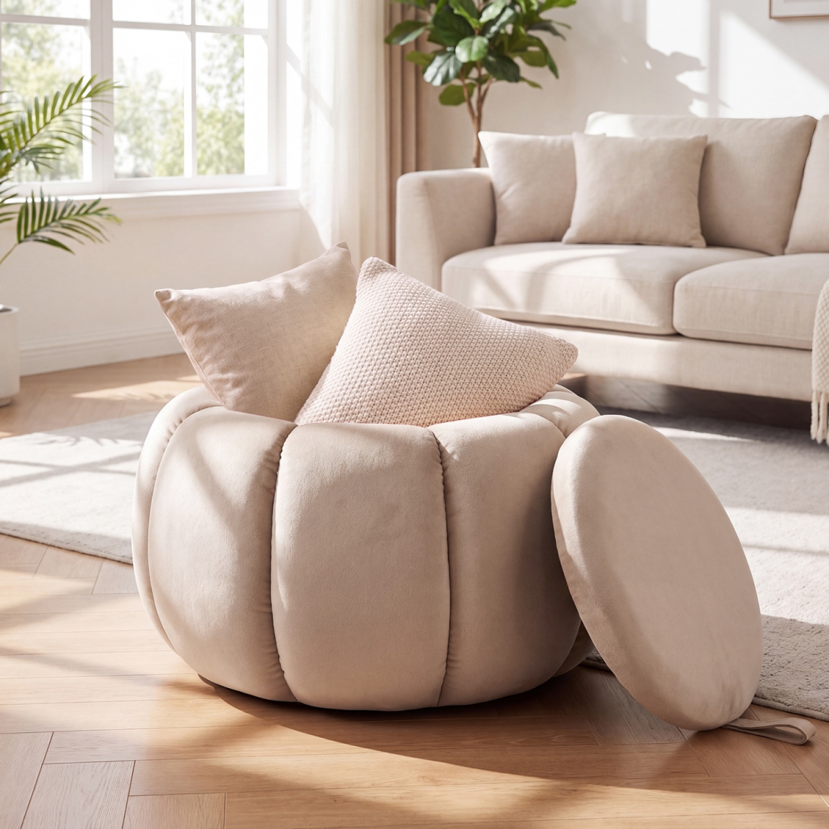 JV14655BT-BE Pumpkin Ottoman with Hidden Storage & Removable Lid - Beige