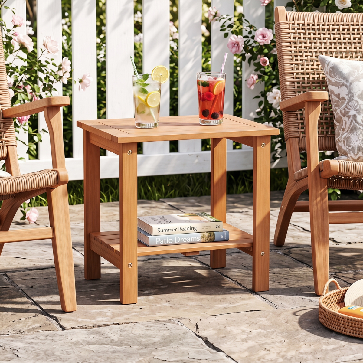 JV14664OR-1 2-Tier Wood Patio End Table with Slatted Tabletop & Storage Shelf for Backyard - Natural
