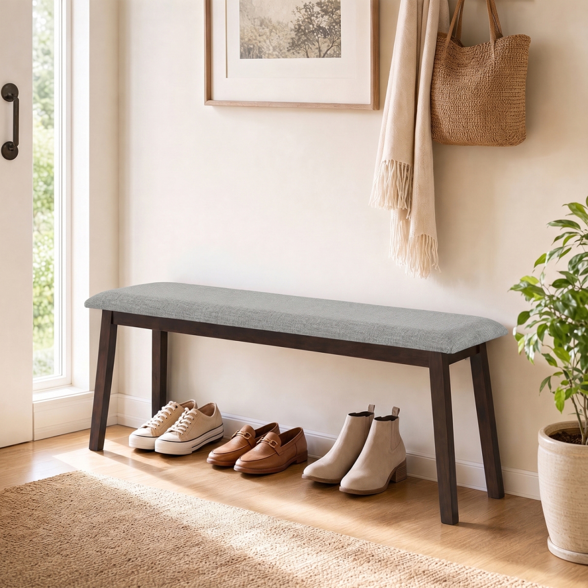 JV14674GR 43.5 in. Upholstered Entryway Bench with Rubber Wood Frame - Gray