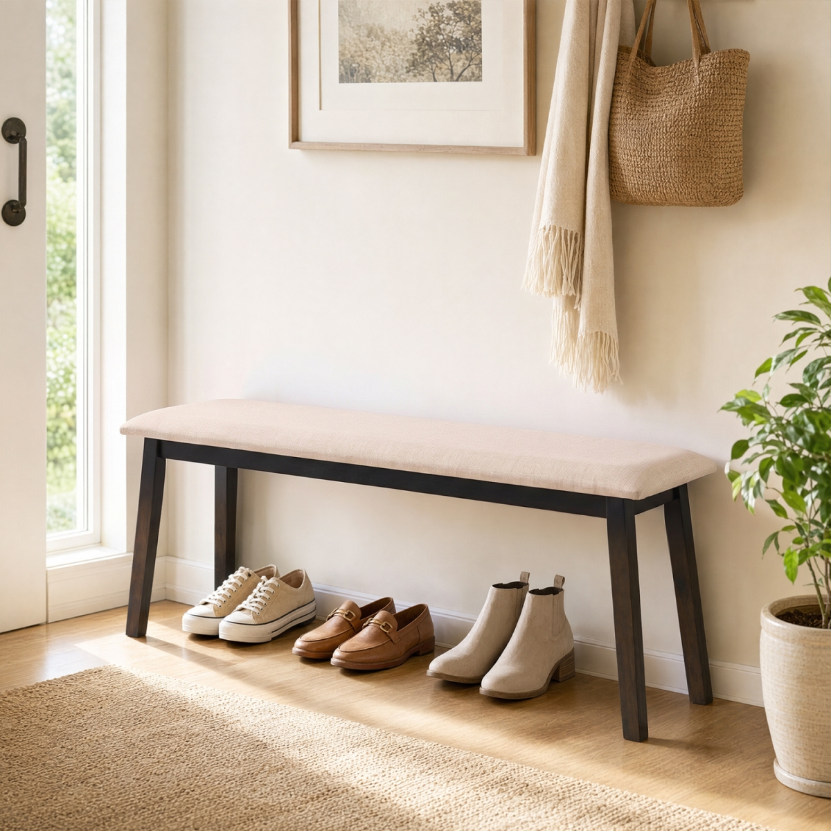 JV14674MS 43.5 in. Upholstered Entryway Bench with Rubber Wood Frame - Beige