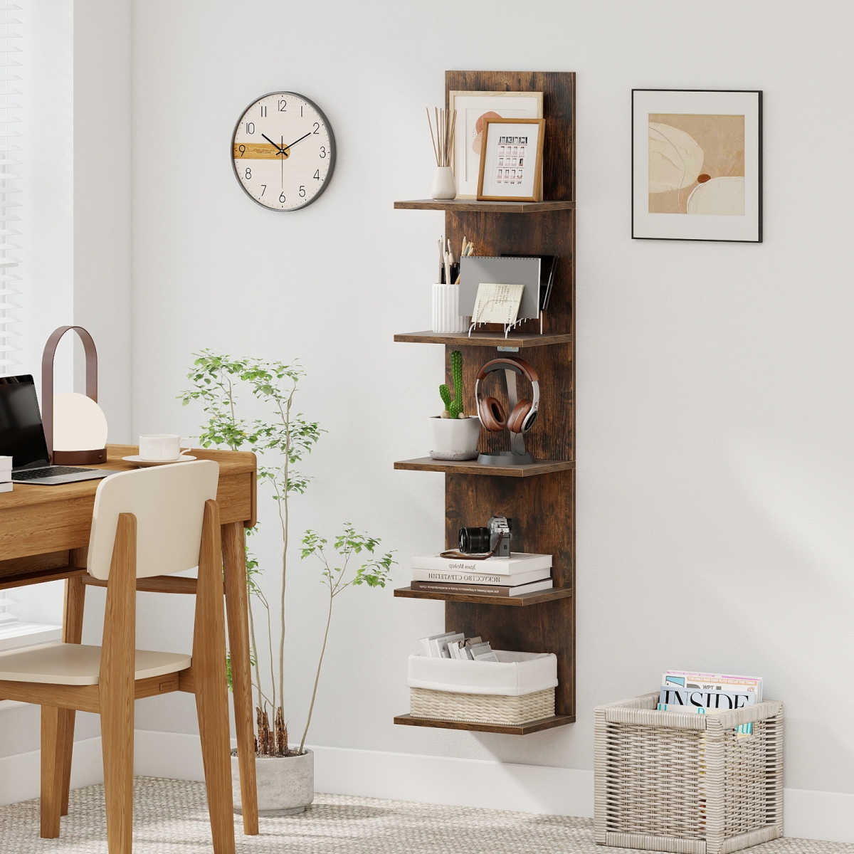 JV13384CF 5-Tier Wall Mounted Shelf Unit with Wood Grain - Rustic Brown