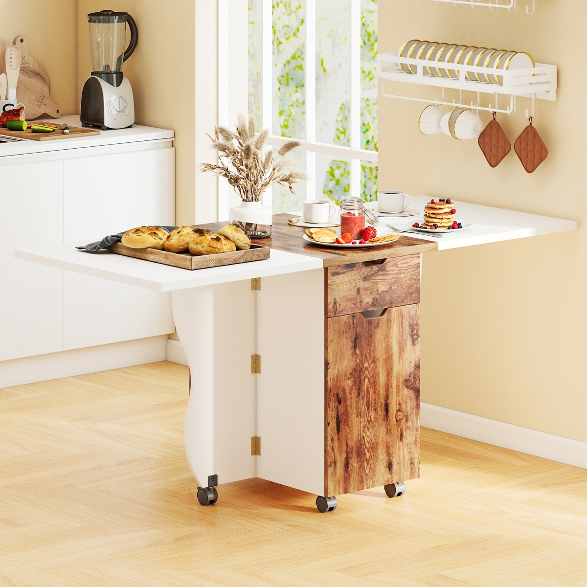 JV13394CF Folding Dining Table 3-in-1 Space-Saving Drop Leaf Kitchen Table with Lockable Wheels - Brown