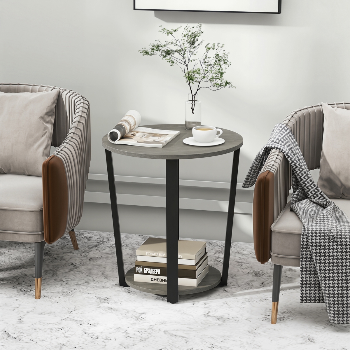 JV13462OA 2-Tier Round End Table with Storage Shelf & Metal Frame - Oak