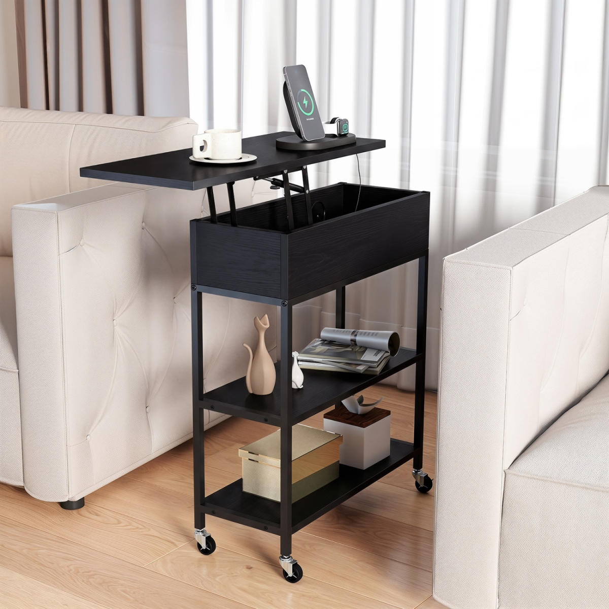 JV13470US-DK Lift Top End Table with Charging Station & Universal Wheels - Black