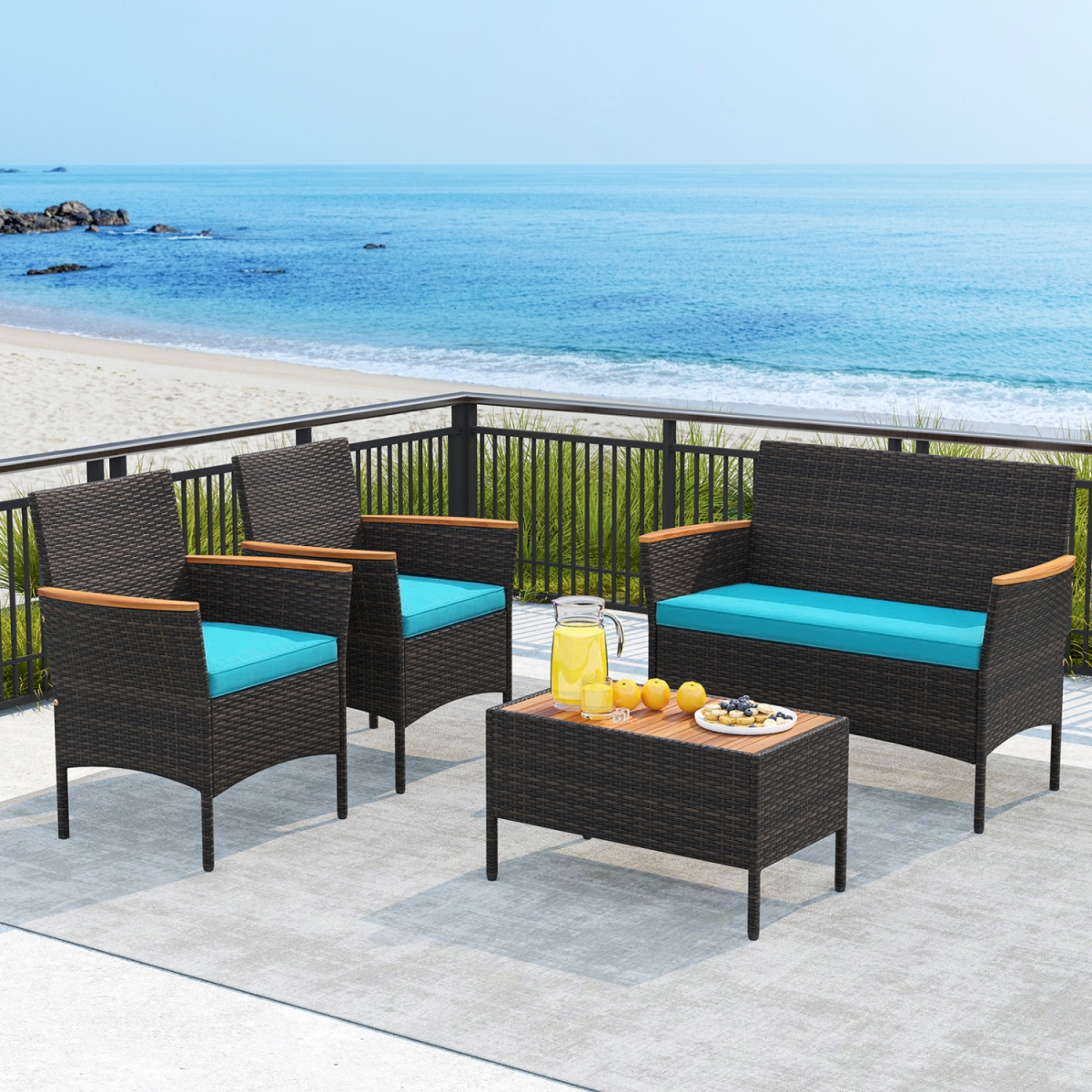 HW75077TU Patio Wicker Sofa Set 2 Rattan Chairs & Loveseat with Table - Turquoise - 4 Piece