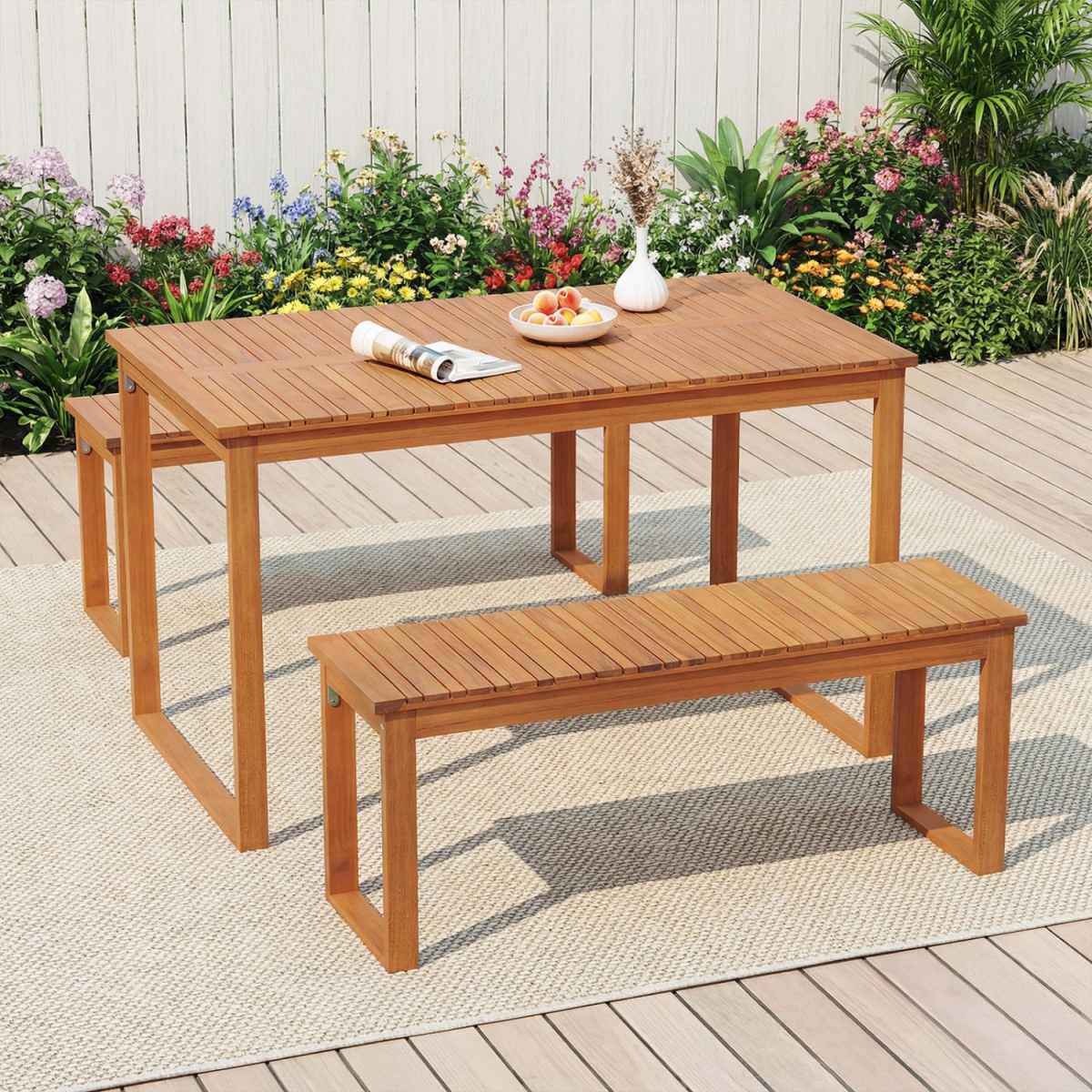 HW75132 Acacia Wood Picnic Set with Outdoor Dining Table & 2 Benches for 4 People - 3 Piece