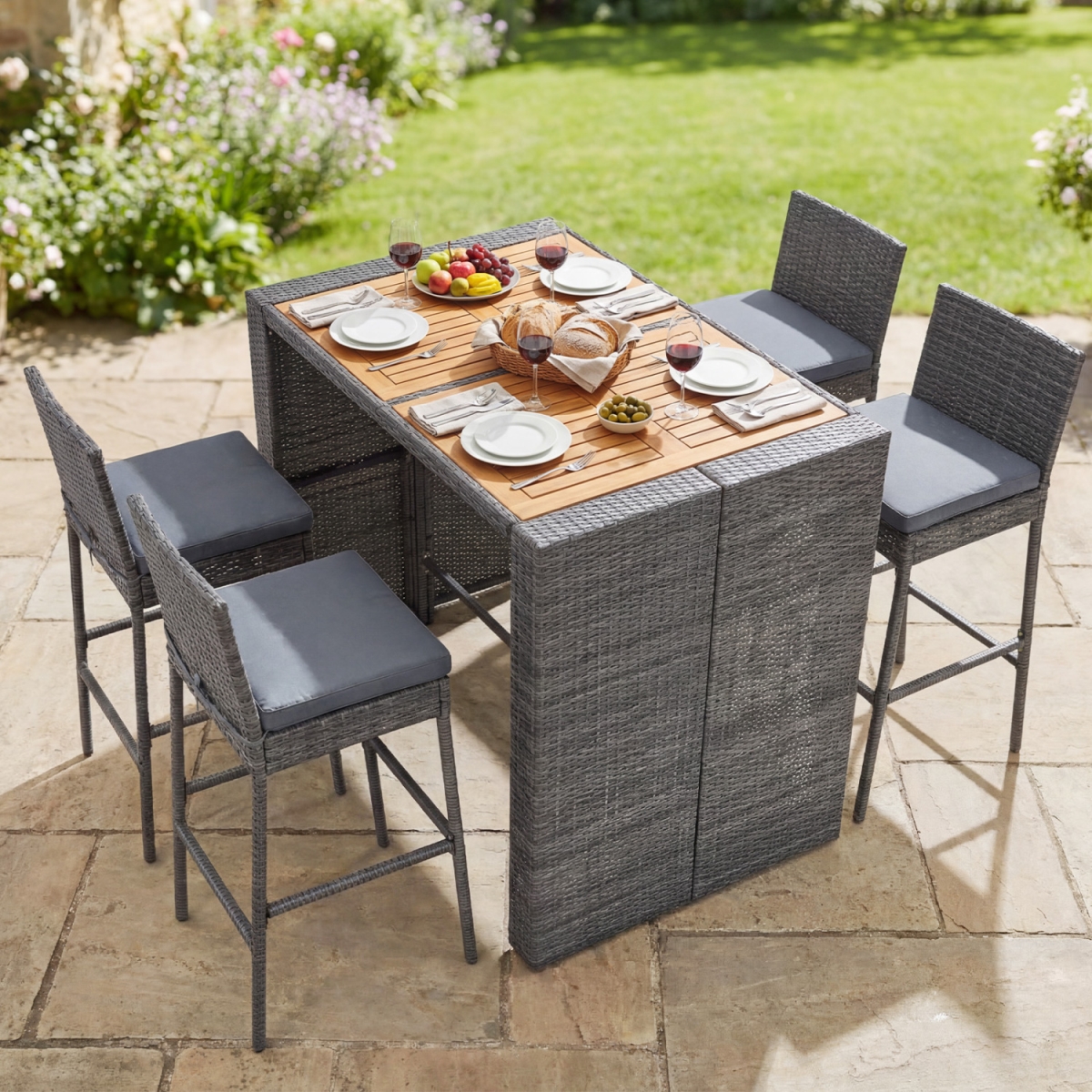 HW75149GR- Patio Acacia Wood Dining Set for Home - Gray