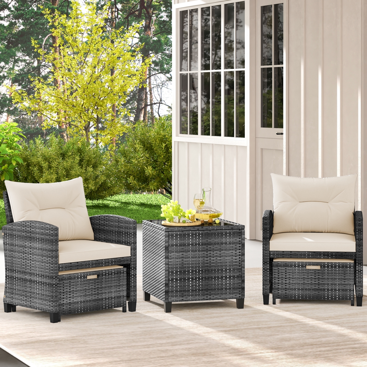 HW75222WH Patio Rattan Furniture with 2 Ottomans & Tempered Glass Coffee Table - White - 5 Piece