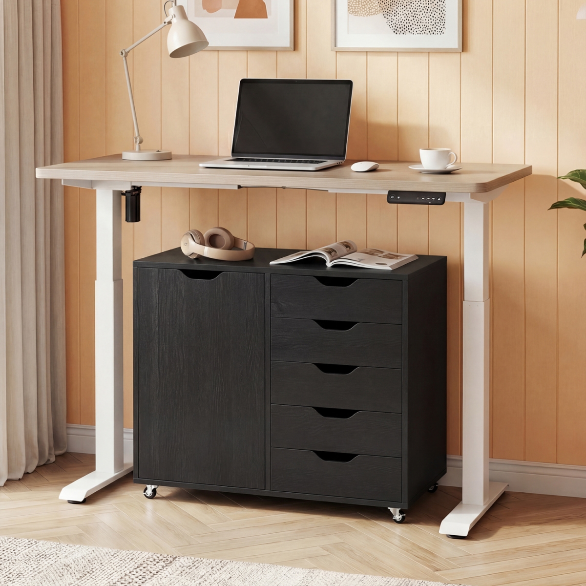JV13531DK 5-Drawer Rolling Storage Cart with Side Cabinet - Black