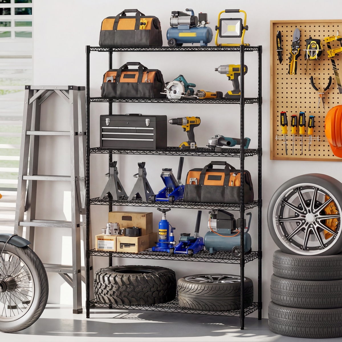 JV13584DK 6-Tier Metal Storage Shelving Unit with V-Shaped Wire Rack for Home Garage - Black