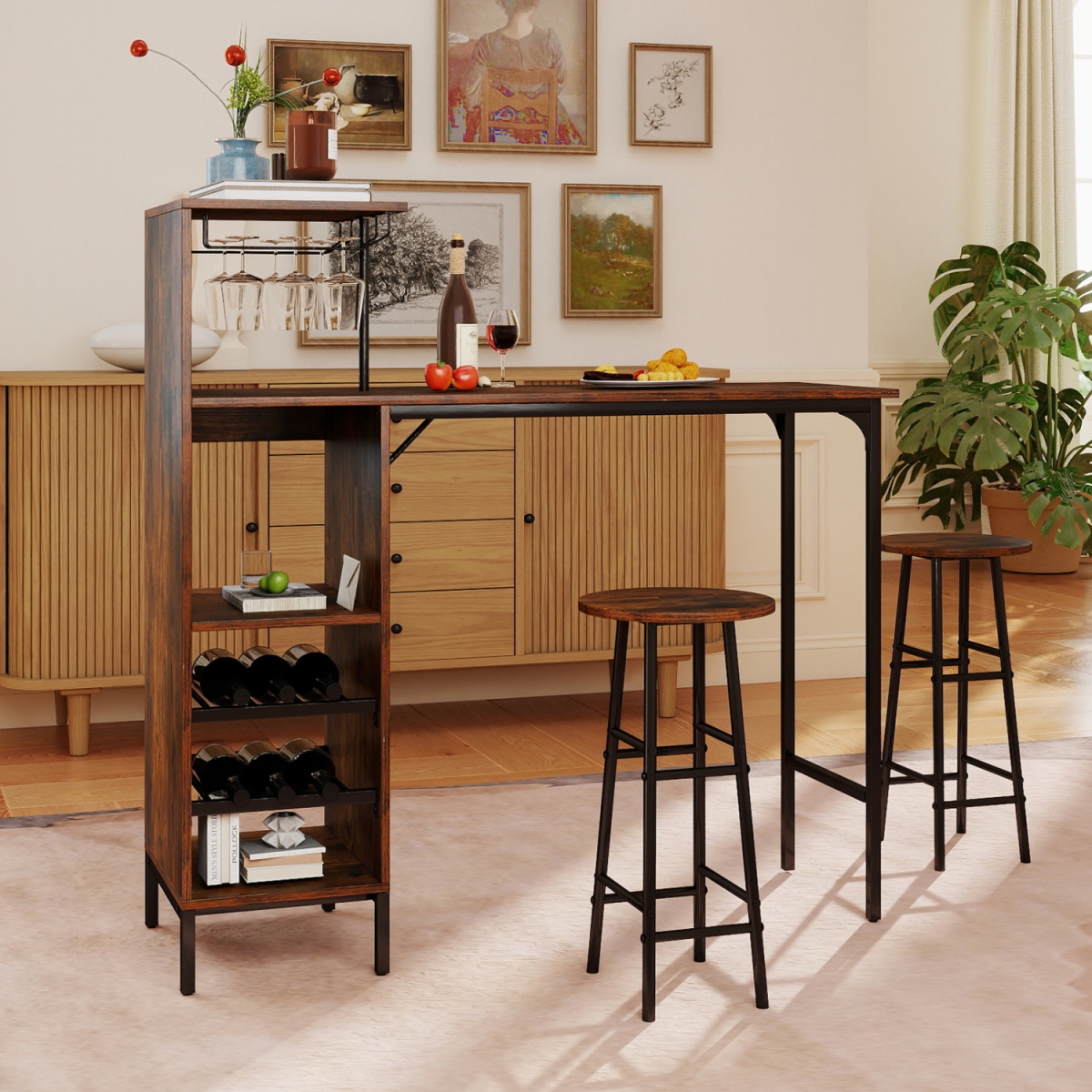 JV13610CF Bar Table & Chairs Set with 6-Bottle Wine Rack - Rustic Brown - 3 Piece