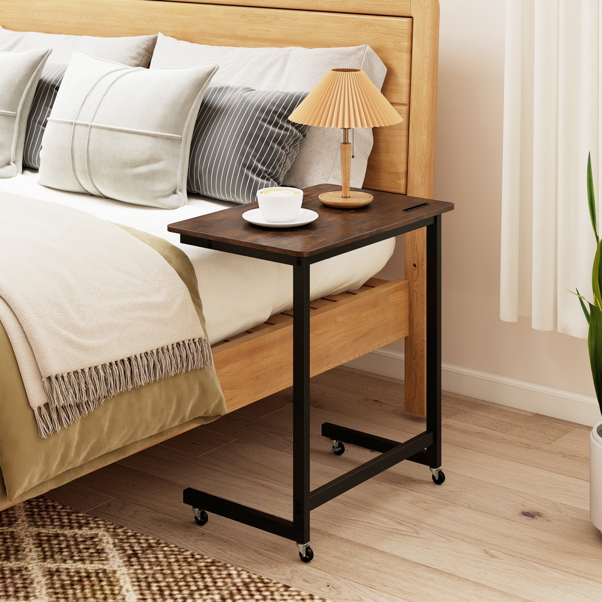 JV13638CF C-Shaped End Table with Wheels Mobile Bedside Table with Built-In Phone Slot - Rustic Brown