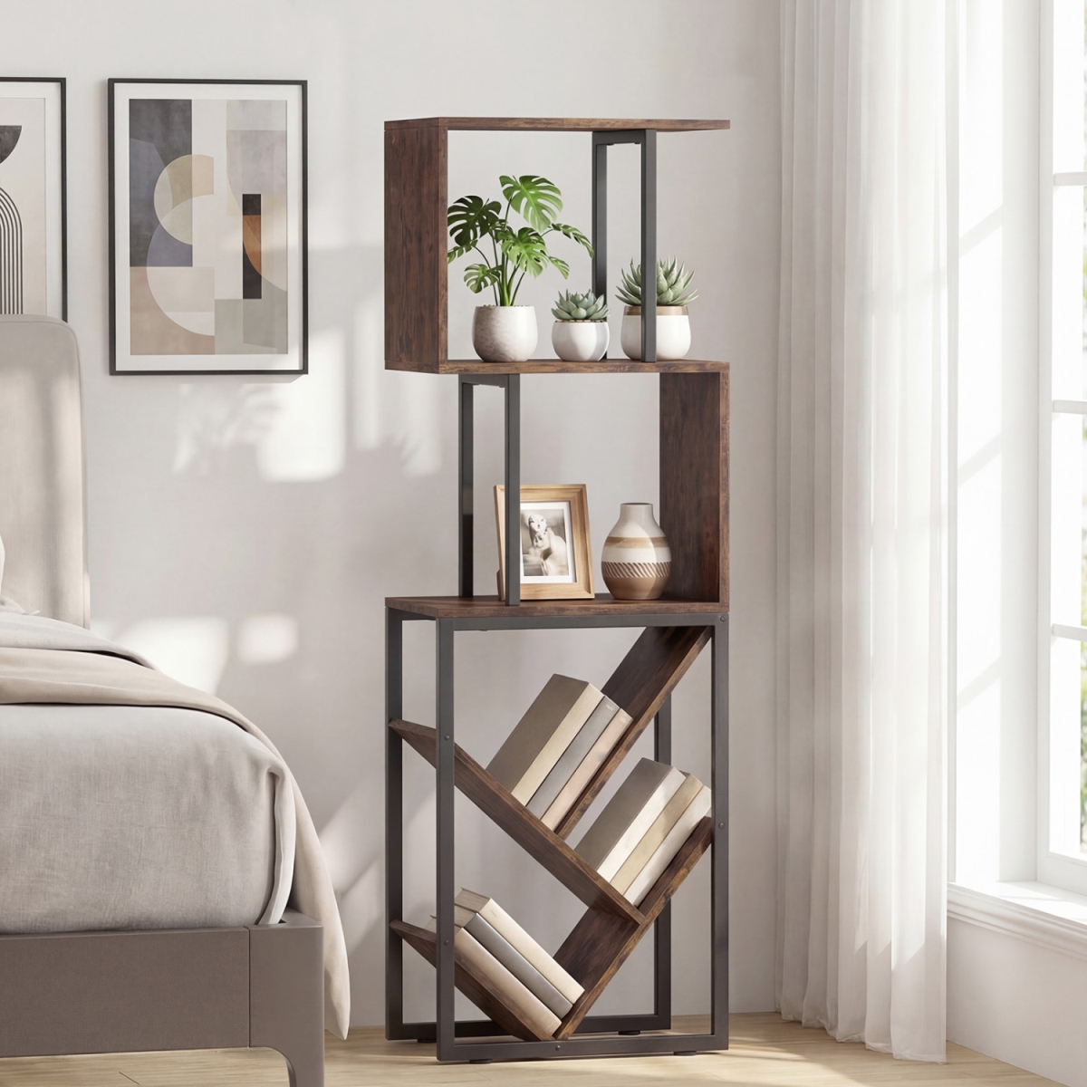 JV13690CF 6-Tier Bookshelf Floor Standing Tree S-Shaped Geometric Bookcase with Open Shelves - Brown