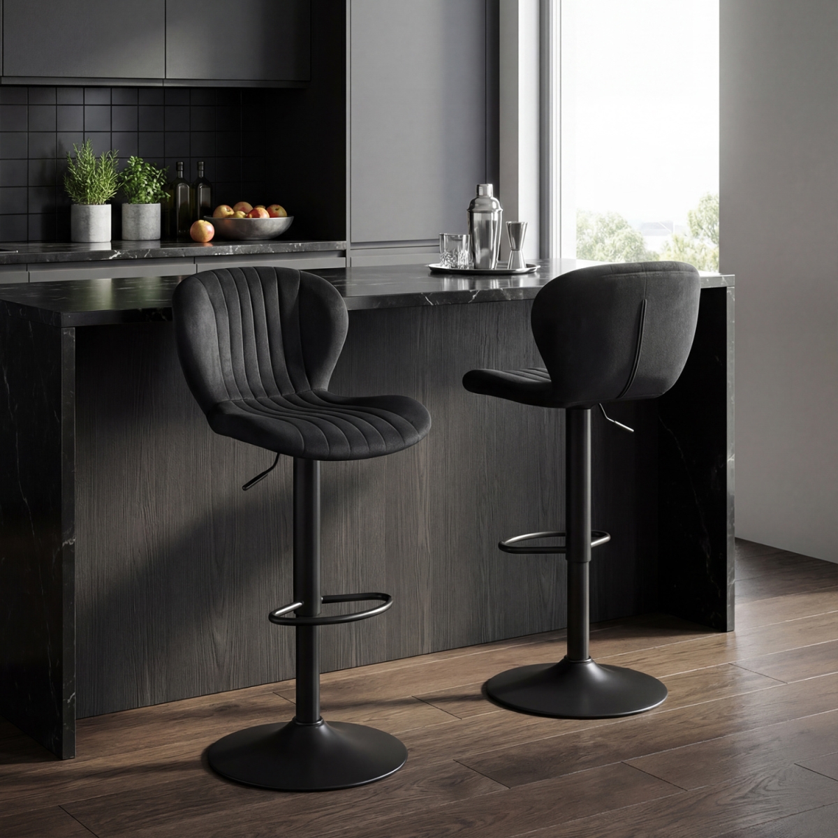 JV13739DK-2 Adjustable Counter Height Chairs with Velvet Upholstered Backrests - Black - Set of 2