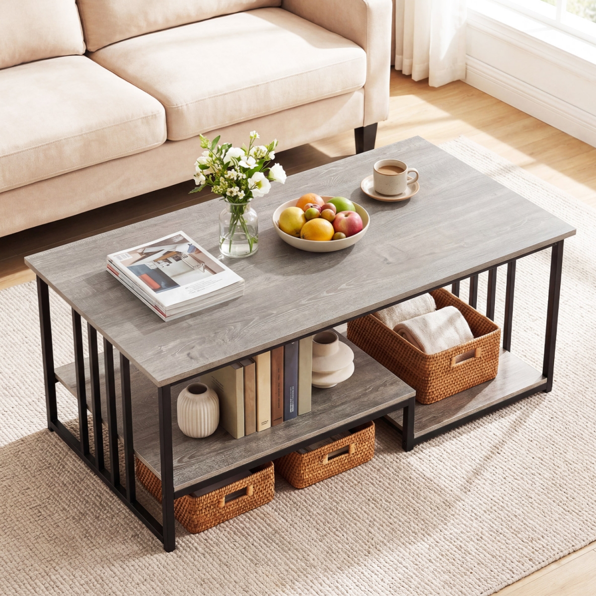 JV13767OA 43.5 in. Coffee Table 2-Tier with Open Storage Shelf - Oak