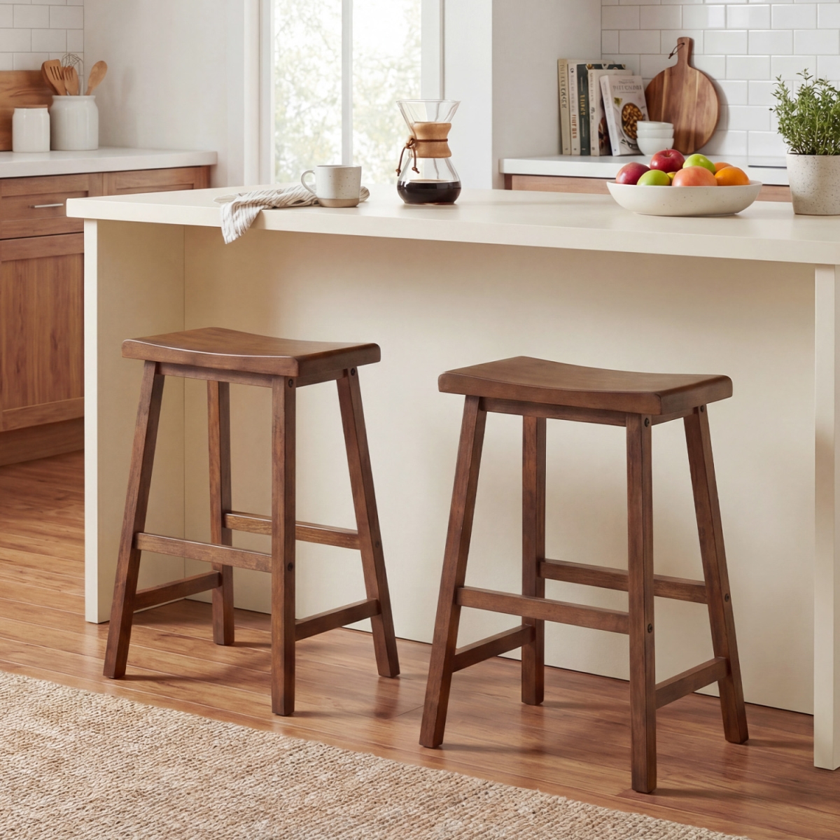 JV13794BN-2 24 in. Counter Height Stools Solid Wood Saddle Bar Stools - Brown - Set of 2