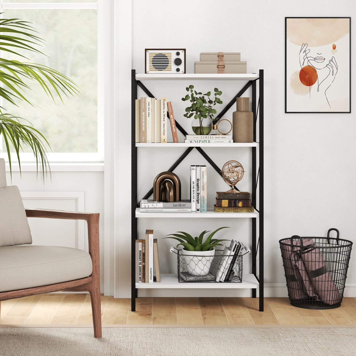 JV13801BS 4-Tier Bookshelf with Heavy-Duty Metal Frame - White