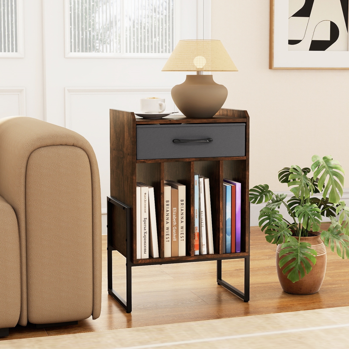 JV13831CF Record Player Stand with Drawer & Record Holder - Rustic Brown