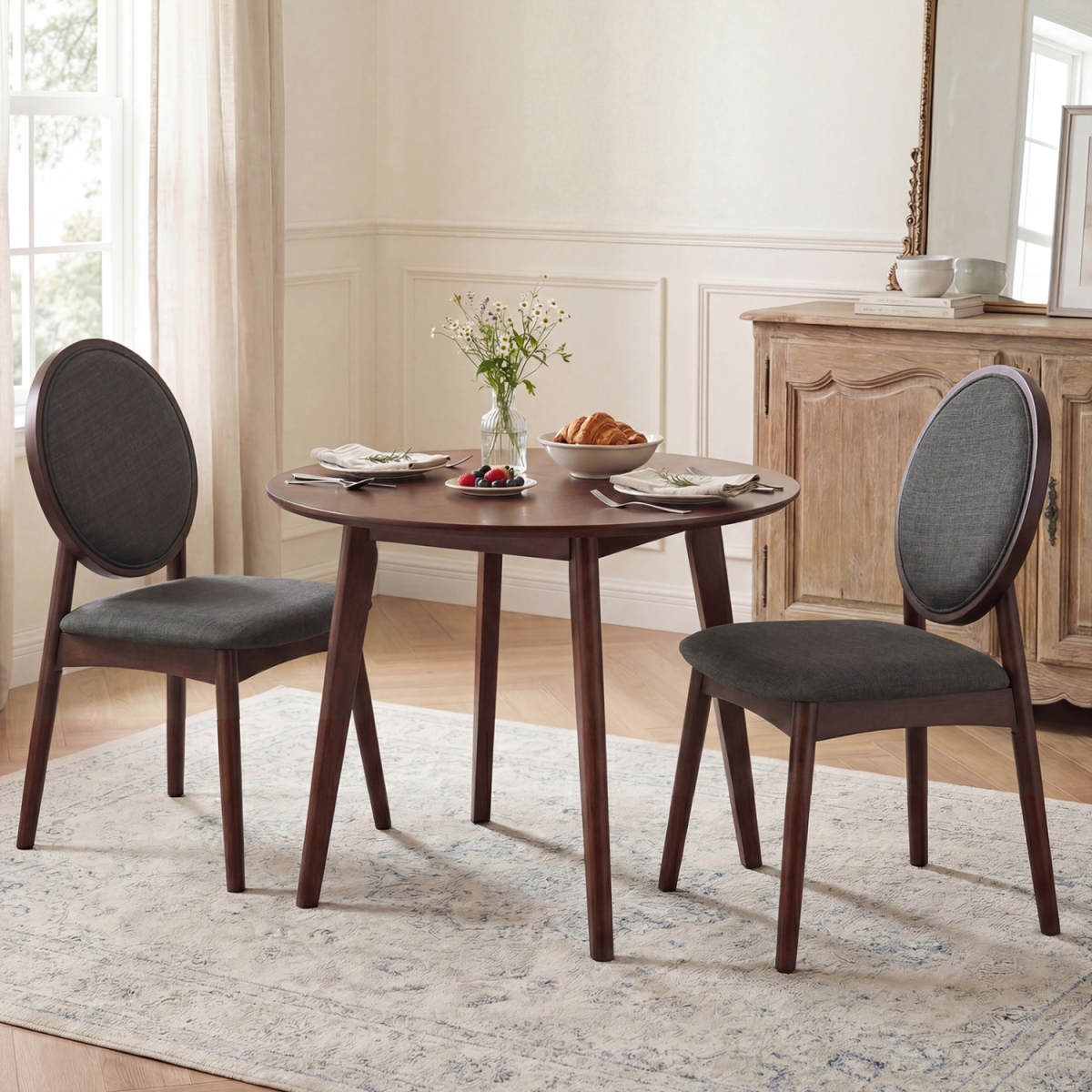 JV13813DK-2 Upholstered Linen Fabric Kitchen Side Chairs with Padded Seat - Black - Set of 2