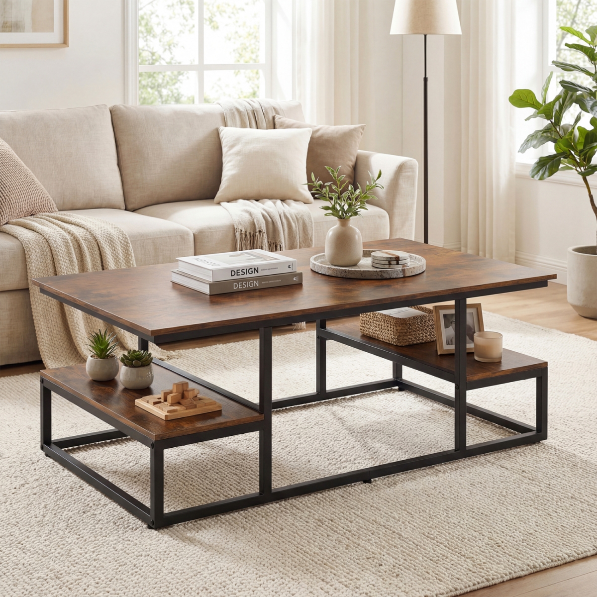 JV13829CF 43 in. Rectangle Coffee Table with Storage & Open Shelves - Rustic Brown