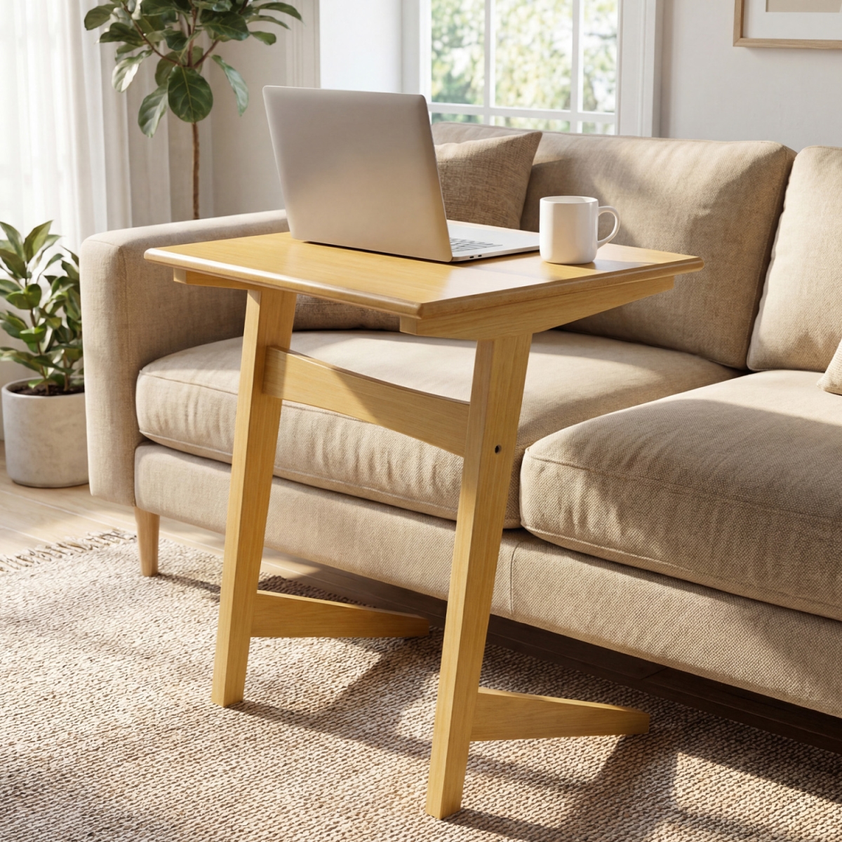 JV13949NA-2 Wood Sofa Side Table C-Shaped End Table with Wood Veneered Top - Natural - Set of 2