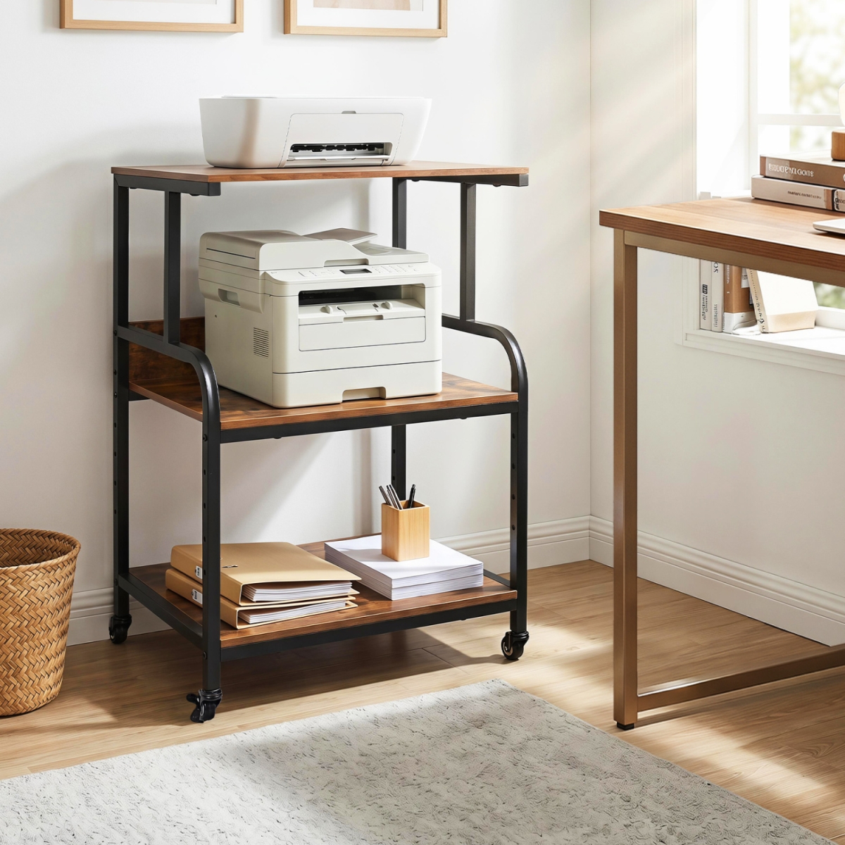 JV14000CF 3-Tier Rolling Printer Stand with Adjustable Shelf & Lockable Wheels - Rustic Brown