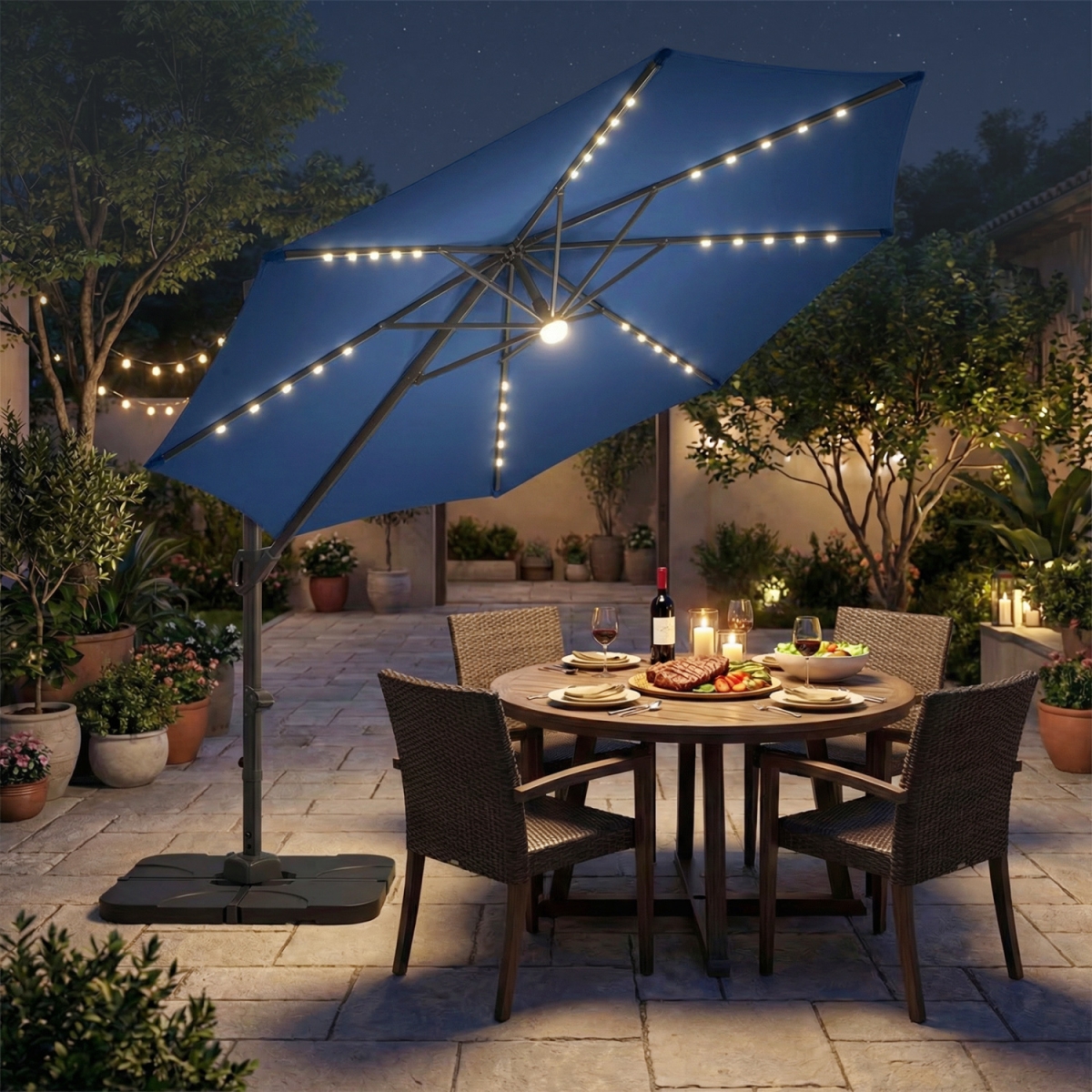 NP13283NY-NP12183 10 ft. Cantilever Patio Umbrella with 35 Solar LED Lights & 220 lbs Base - Dark Blue