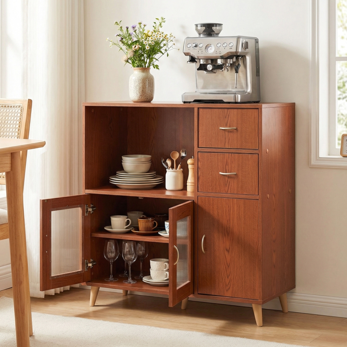 JV14050BN 36 in. Sideboard Buffet Cabinet with Open Compartment - Brown