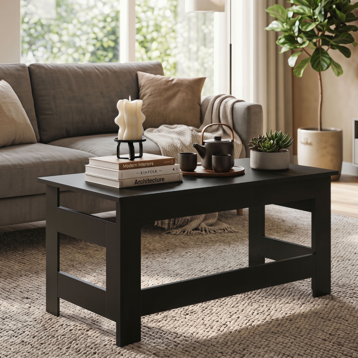 JV14168BK Portable Low Floor Table with Foldable Legs for Living Room - Black