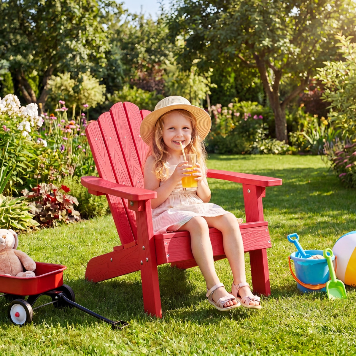 NP13592RE-1 Kids Adirondack All-Weather Outdoor Chair for Children with Tilted High Backrest - Red