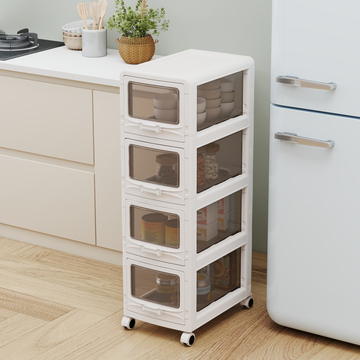 JV14286WH-4 4-Tier Plastic Drawer Storage Organizer Rolling Cart with 4 Drawers & Lockable Wheels