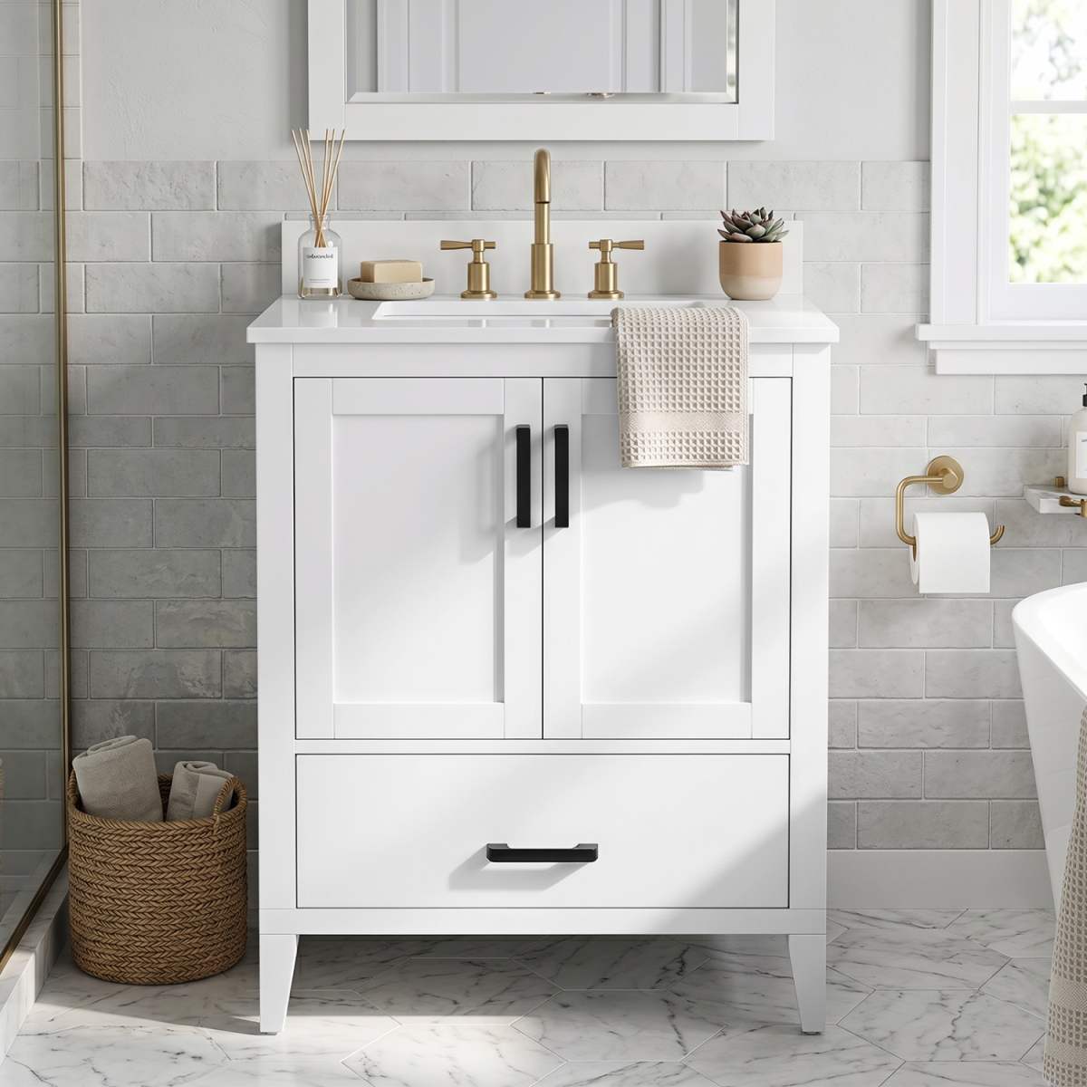 JV14353WH 24.5 in. Modern Bathroom Vanity with Sink 2 Doors & Drawer - White