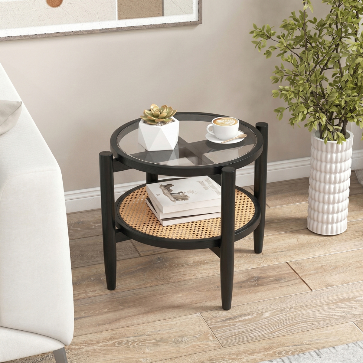 JV14441DK Rattan Round Side End Table with Tempered Glass Tabletop - Black