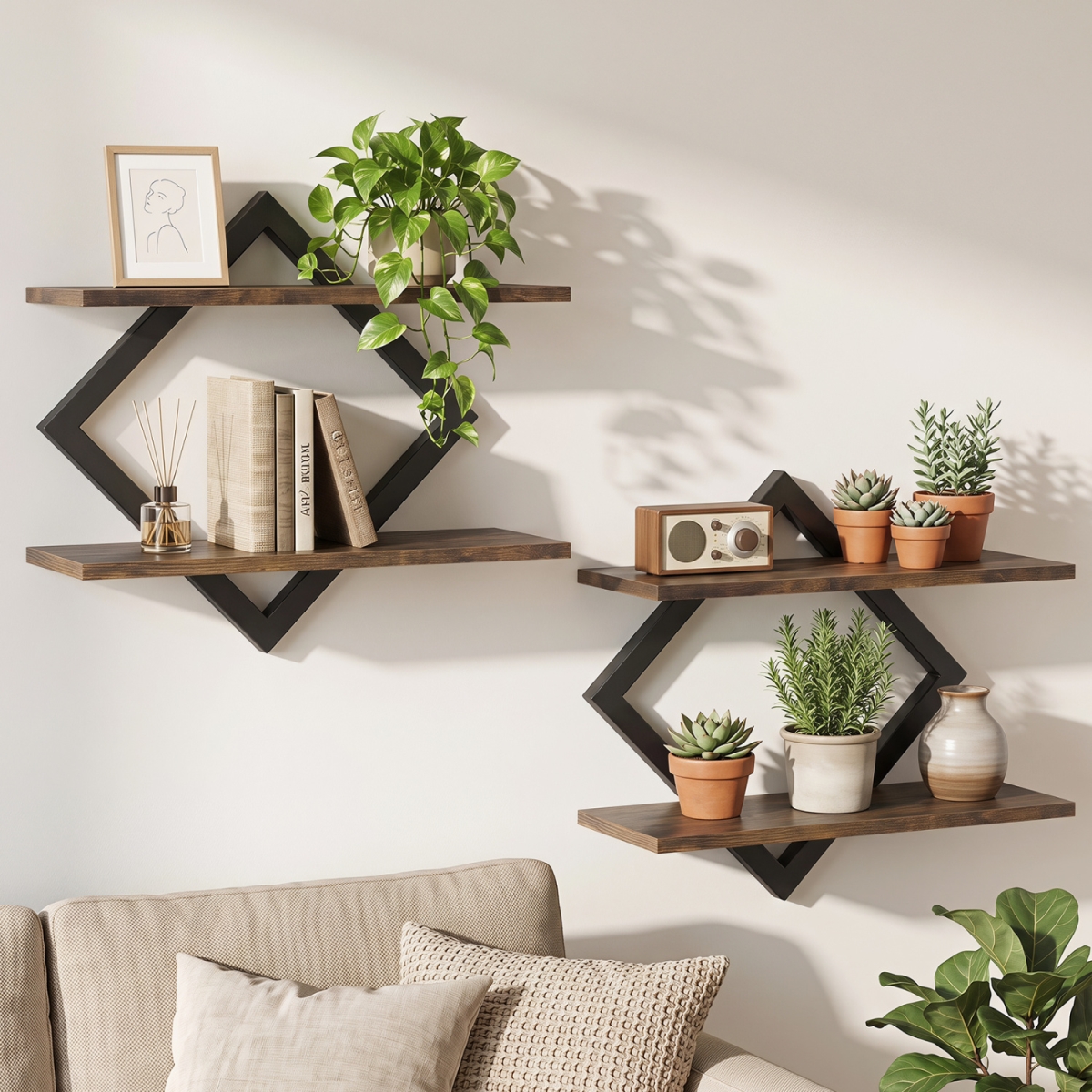 JV14565TY-CF Metal Floating Shelves for Wall with Geometric Frame - Rustic Brown - Set of 2