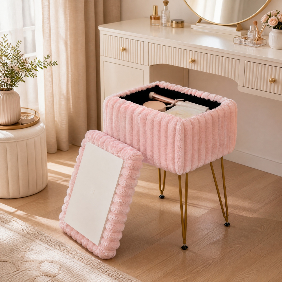 JV14569BT-FS Vanity Stool with Storage & Reversible Lid Faux Fur Upholstered Ottoman - Pink