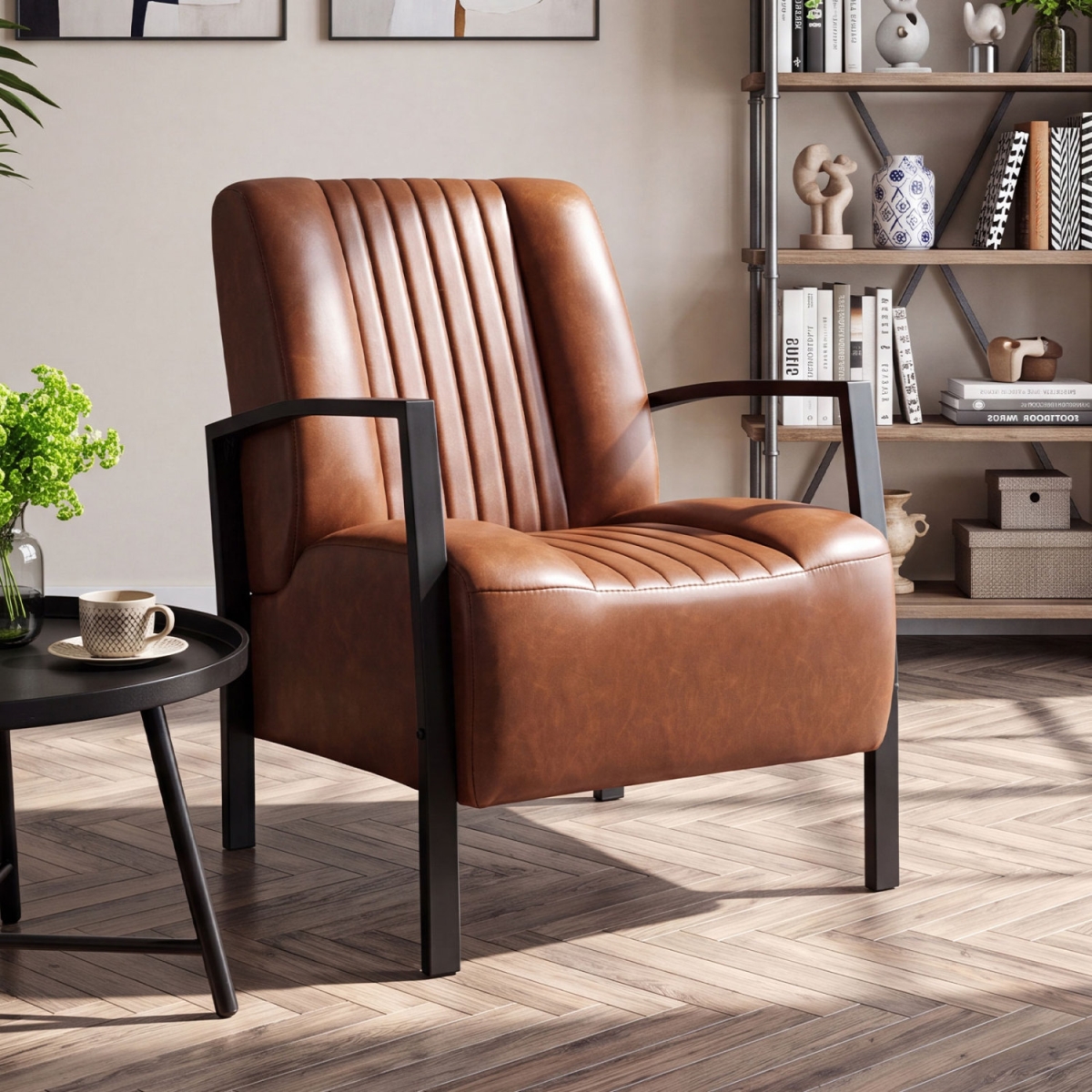 JV14628BN PU Leather Upholstered Armchair with Padded Seat & Back Comfy Lounge Reading Chair - Brown