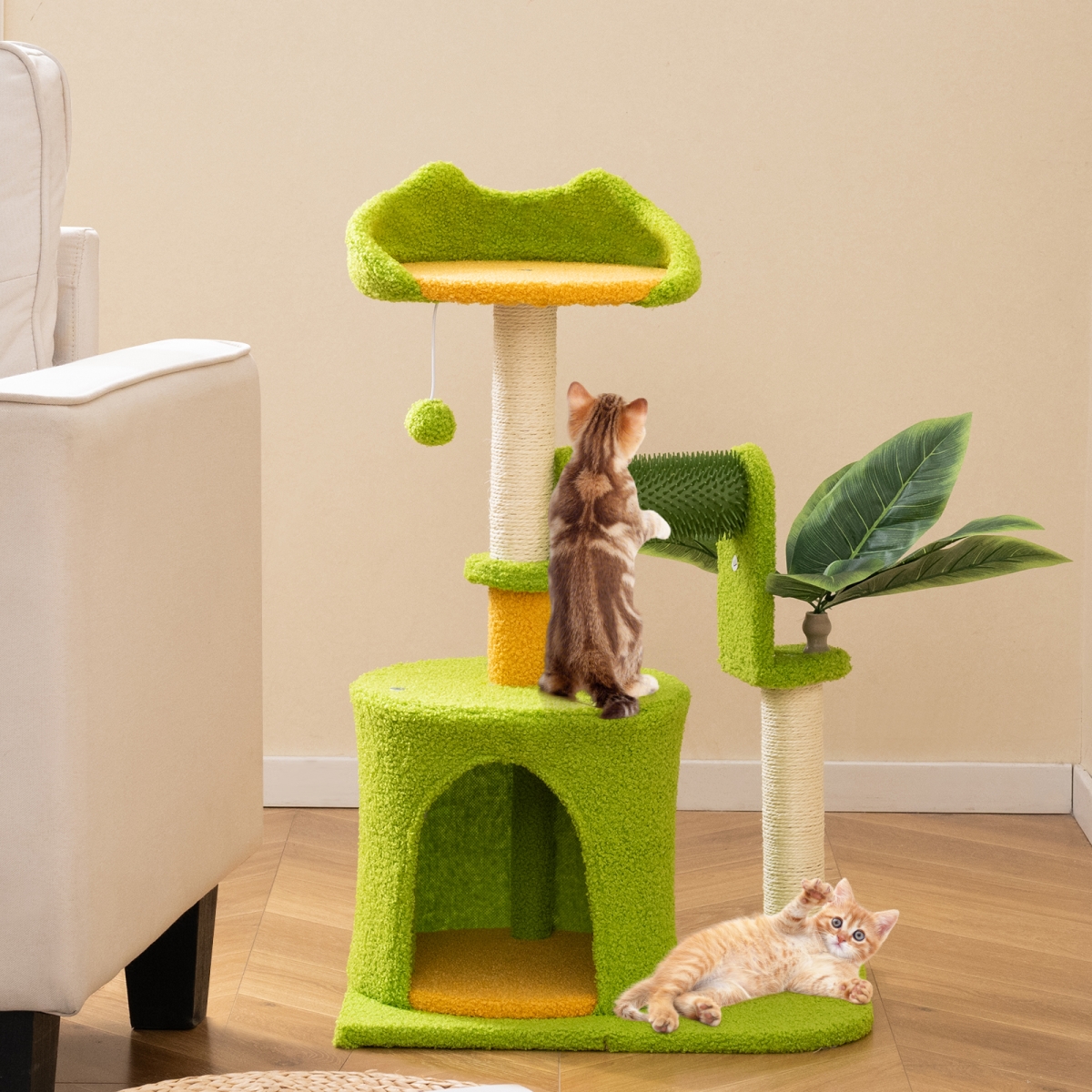 PV10347GN Cute Palm Cat Tree for Indoor Cats with Artificial Leaves - Green