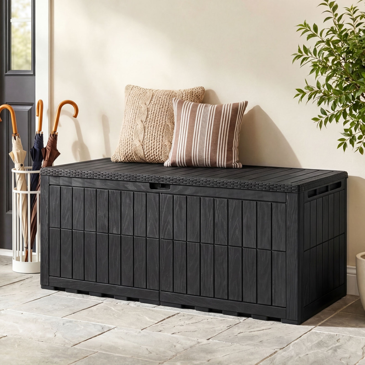 NP13731DK 180 gal Outdoor Deck Box All-Weather Lockable Storage Bin with Lid & Handles - Black